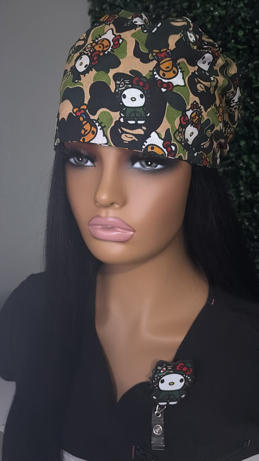 🎀 Camo Hello Kitty Scrub Cap + Badge Reel Set